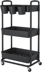 JIUYOTREE 3-Tier Plastic Rolling Storage Cart Utility Cart with Extra Hanging Cups Handles Lockable Wheels for Living Room Bathroom Kitchen Office Black