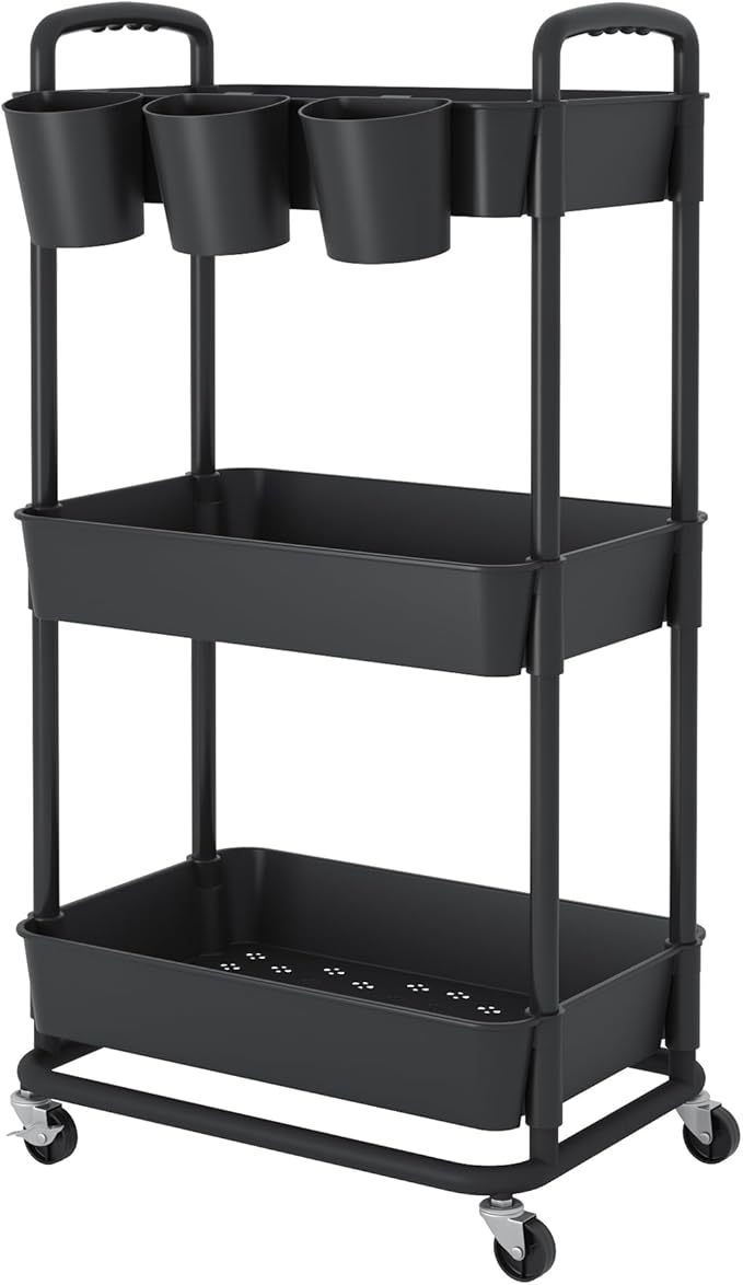 JIUYOTREE 3-Tier Plastic Rolling Storage Cart Utility Cart with Extra Hanging Cups Handles Lockable Wheels for Living Room Bathroom Kitchen Office Black