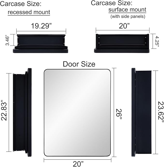 Black Bathroom Mirror Medicine Cabinet with Round Corner Framed Door 20 x 26 inch, Recessed or Surface Mount, with Adjustable Glass Shelves