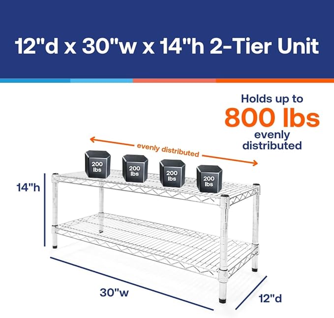 Shelving Inc. 12" d x 30" w Chrome Wire Shelving with 2 Tier Shelves, Weight Capacity 800lbs Per Shelf