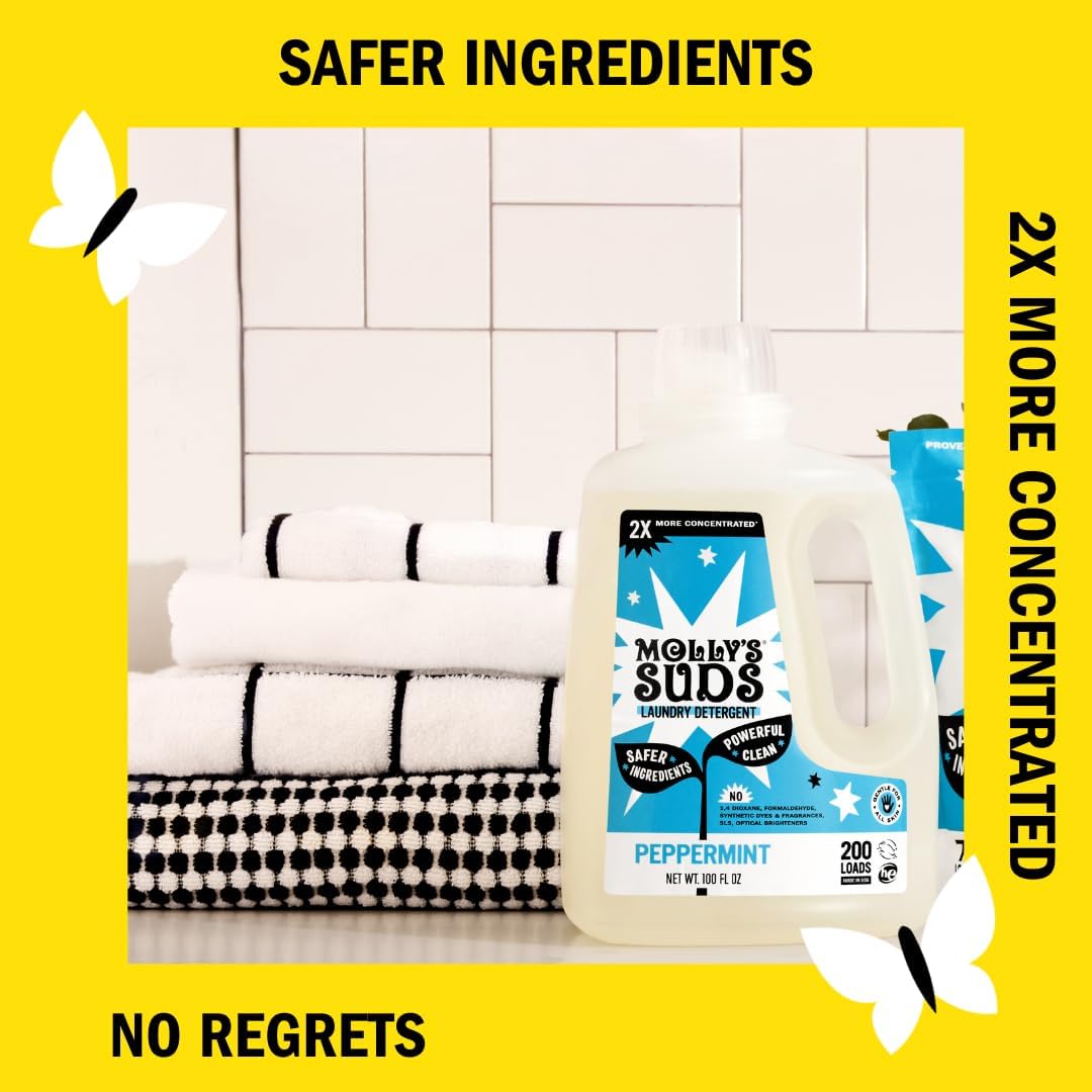 Molly's Suds Liquid Laundry Detergent | Clean Laundry Detergent Soap for Sensitive Skin | 2x Concentrated, High Efficiency (HE) | Peppermint - 100 Loads