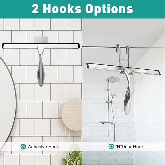 Shower Squeegee for Glass Doors,10-Inch Shower Glass Squeegee, Sliver Shower Squeegee for Shower Doors,Mirror,Windows, with Shower Door Hook and Adhesive Hook