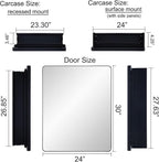 Black Bathroom Mirror Medicine Cabinet with Round Corner Framed Door 24 x 30 inch, Recessed or Surface Mount, with Adjustable Glass Shelves