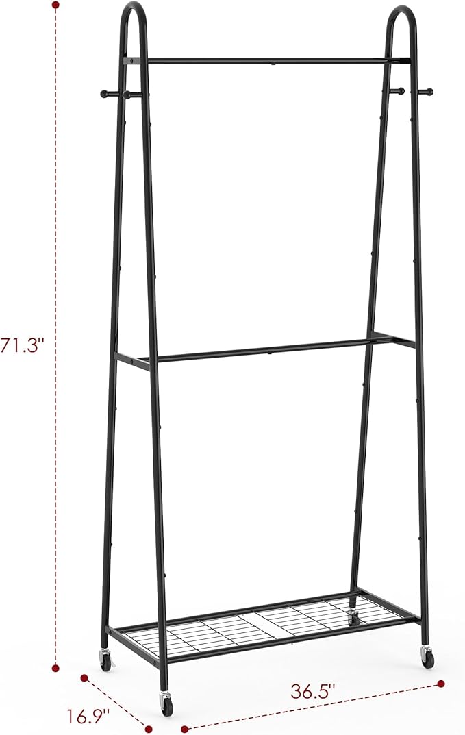 Sakugi Metal Clothes Rack - Clothing Racks for Hanging Clothes with Two Hanging Rods, 4 Hooks & Mesh Shelf, Triangular Coat Rack for Bedroom, Closet, Laundry Room, 36.5"x 16.9"x 71.3",Black