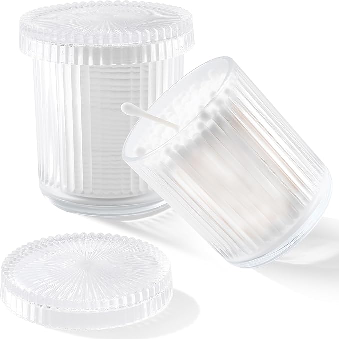 rejomiik Glass Qtip Holder Dispenser 2 Pack, Bathroom Canister Apothecary Jars with Lids, Vanity Makeup Accessories Storage Organizer for Cotton Swabs, Cotton Balls, Pads, Floss Picks, Clear