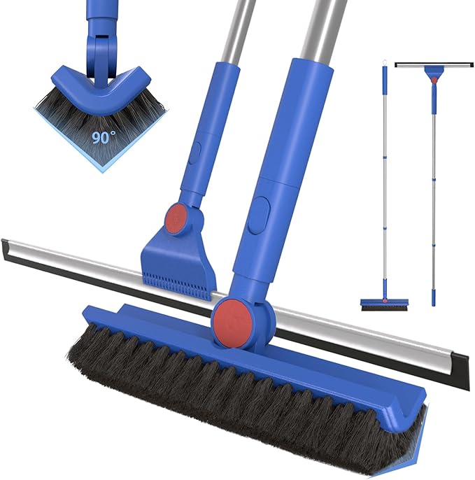 COBETE Floor Scrubber Grout Brush with 16.92IN Large Floor Rubber Squeegee, V-Shaped Scrub Brush and Foam Squeegee Collaborate Cleaning For Tiles, Marble, Glass in Bathrooms, Kitchen,Garages, Pet Hair