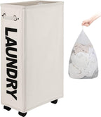 DOKEHOM 29-Inches Enlarged Slim Laundry Basket with Removable Wash Bag on Wheels, Collapsible Rolling Laundry Hamper, Foldable Narrow Corner Clothes Storage Bins (Beige)