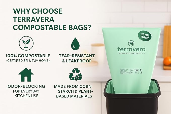 Compostable Trash Bags with Handles | BPI & OK Home Certified ASTM D6400 Standards | Heavy Duty Kitchen & Yard Waste Bags (13 Gallon Flat Top (50 Count) with Gallon Freezer Bags (50 Count))