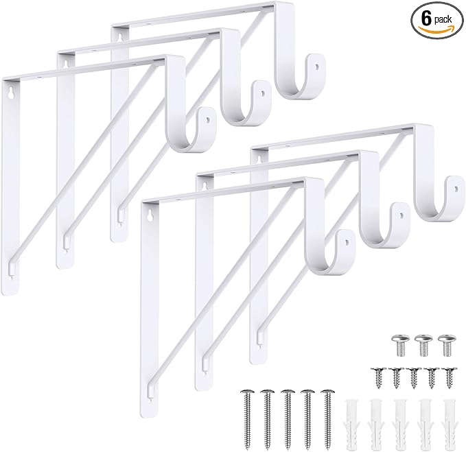 Supforce 6 Pack Closet Rod Bracket, Heavy Duty Closet Rod Support with Rod Holder, Wall Mounted Closet Shelf Brackets with Triangle Stabilizing Design for Closet, Bathroom and Kitchen, White