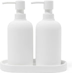 Matte White Soap Dispenser Set with Tray, 2 Pack 15oz Round Rustproof Liquid Hand Dish Soap Dispensers with Tray for Kitchen Sink, Countertop, and Bathroom