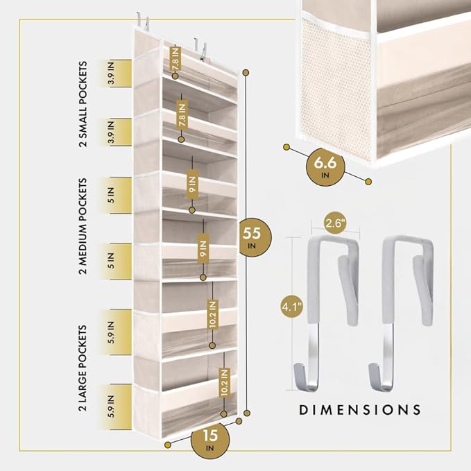 HOMELUX THEORY UPGRADED Over The Door Organizer Hanging - 100D EXTRA THICK & 50lbs HUGE CAPACITY 6 Large Front & 12 Side Pockets, Over The Door Shoe Organizer, Hanging Closet Organizer (Ivory, 2pc)