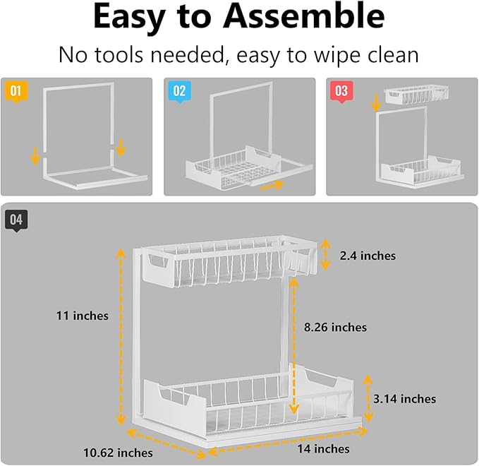 Under Kitchen Sink Organizers and Storage Pull Out 2 Tier Metal Bathroom Cabinet Organizer (White, 2 Pack)