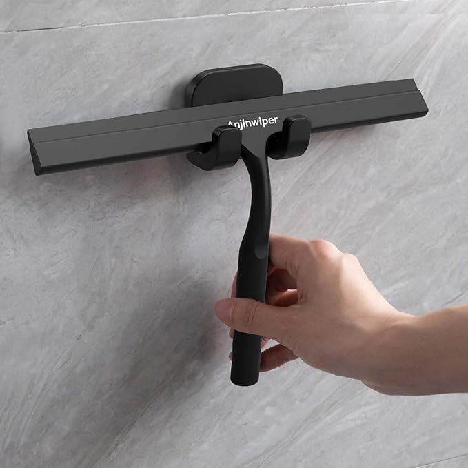 Household Squeegee for Shower Glass Doors, All-Purpose Squeegee with Adhesive Hook, Bathroom Cleaner Tool for Glass Door, Tile Wall, 10 inch, Black