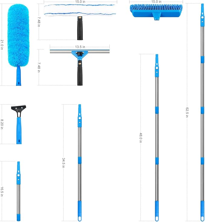 Window Squeegee，5 in 1 Bendable Head Window Squeegee for Home，61''Extension Poles，Bendable Head car Window Cleaner Tool，Squeegee for Shower Glass（Blue）