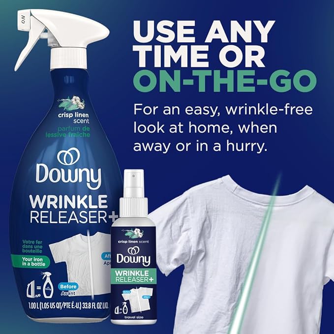 Downy Wrinkle Releaser Spray, All In One Formula, Removes Wrinkles, Static and Odor Eliminator, Crisp Linen Scent, 33.8 Fl Oz, Pack of 2 (Packaging May Vary)