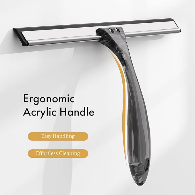 AmazerBath Shower Squeegee for Glass Doors, All-Purpose Squeegee with Suction Hook & Adhesive Hook, Squeegee for Shower Glass, Windows, Mirrors, Tiles and Car Windows - 12 Inches, Clear Black