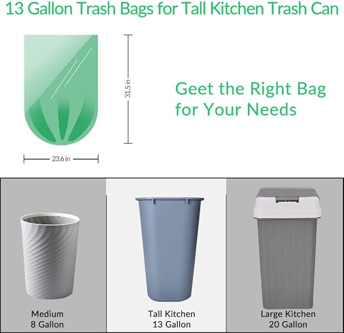 Jaoul Trash Bags 13 Gallon, Small Garbage Bags, Strong & Unscented Trash Bags for Kitchen, Bathroom, Office, Restroom, Car, Green, 60 Counts