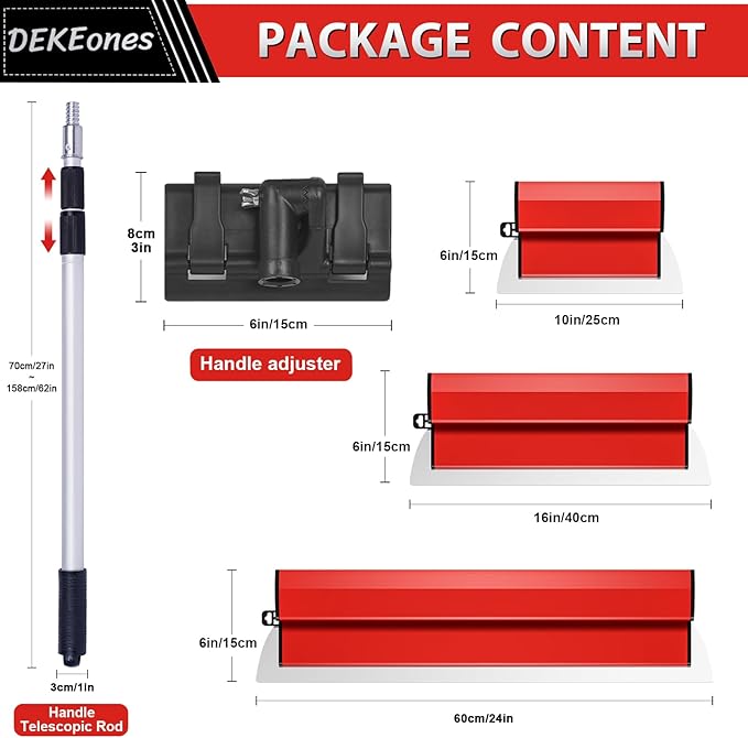 DEKEones Drywall Skimming Blade Set, Stainless Steel 10",16" & 24" Skimming Blades with 28"-62" Extension Handle Pole, Professional Drywall Skimming Tools for Smoothing Wall and Ceiling