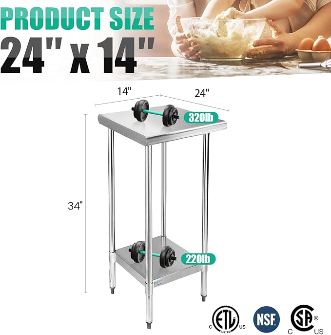 STABLEINK NSF Stainless Steel Table, 24 x 14 Inches Metal Prep & Work Table with Adjustable Undershelf, for Commercial Kitchen, Restaurant, Hotel and Garage,Small Stainless Steel Table