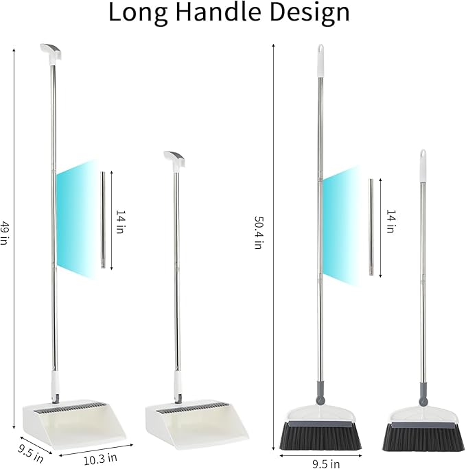 Broom with Dustpan Combo Set, 2 in 1 Broom and Dustpan Set with Long Handle, Upright 180° Rotating Broom with Brush and Lightwight Dust Pans for Home Kitchen Room Office Lobby Floor Cleaning，White