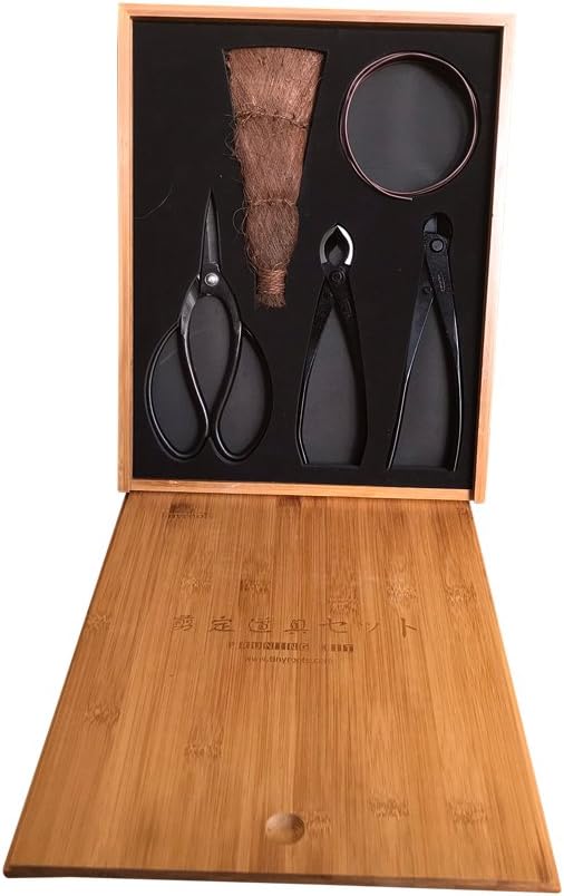 Tinyroots Bonsai Tools Kit, 5-Piece Set Includes: Traditional Butterfly Shaped Bonsai Shears, Concave Cutter, Wire Cutter, Genuine Hemp Broom, 2mm Bonsai Wire & Bamboo Storage Case