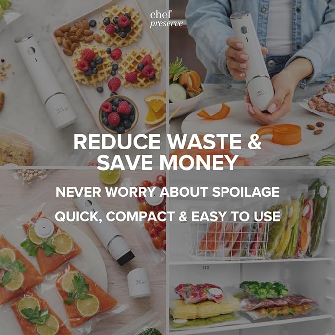 Chef Preserve Compact Vacuum Sealer for Food (Vacuum Sealer Machine + 30 Reusable Vacuum Bags) Powerful Handheld Vacuum Sealer Machine, Seal Meal Saver, Portable Food Sealer