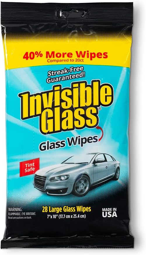 Invisible Glass 90161 Large Glass Cleaning Wipes for Streak-Free Windows, Mirrors, and Glass, Lint-Free, Ammonia-Free, Tint-Safe, for Home and Auto, Flat Pack, 28 Wipes, Pack of 1