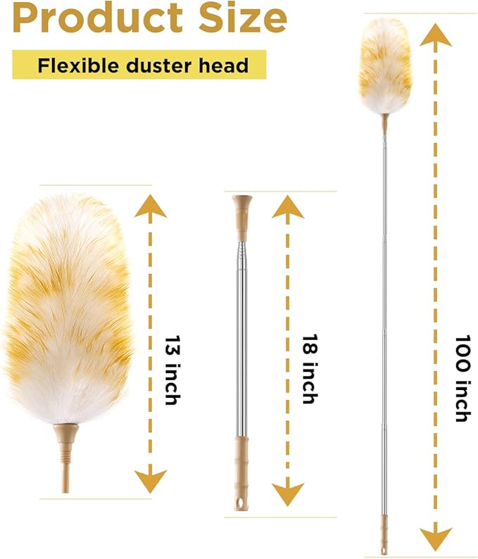 Extendable Lambswool Duster 30-100 Inch, Stainless Steel Long Handle Duster, Natural Feather Duster for Cleaning High Ceilings, Fans, Bookshelves, Interior, Cars, Brown
