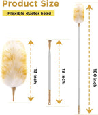 Extendable Lambswool Duster 30-100 Inch, Stainless Steel Long Handle Duster, Natural Feather Duster for Cleaning High Ceilings, Fans, Bookshelves, Interior, Cars, Brown