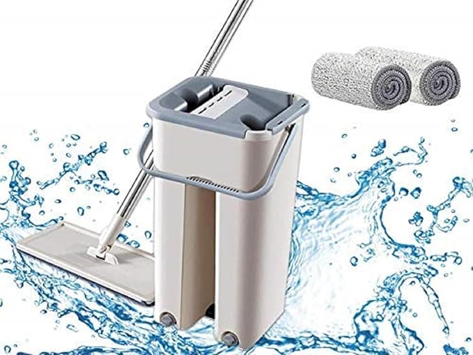 Heavy Quality Floor Mop with Bucket, Flexible Kitchen Tap Flat Squeeze Cleaning Supplies, 360° Flexible Quiet, 2 Reusable Pads, Microfiber, Adjustment Office Mop (Multicolour)