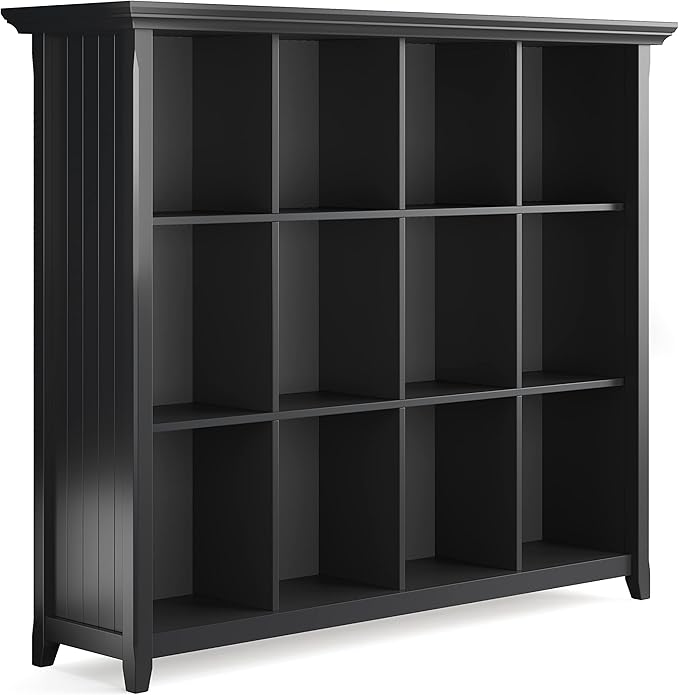 SIMPLIHOME Acadian Bookcase - 57 inch Tall 12-Cube Solid Wood Storage Display Unit in Black, Transitional Cube Organizer for Living Room, Study Room or Office with Fixed Shelves and Tapered Legs
