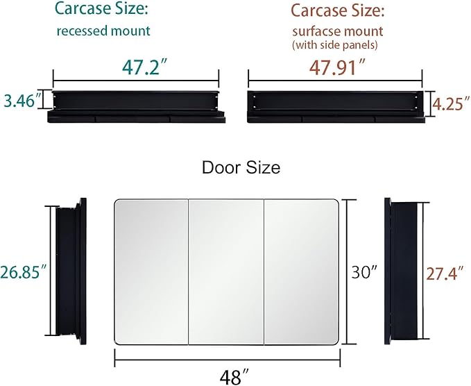 Bathroom Mirror Medicine Cabinet with Round Corner Framed Door 48 x 30 inch, Black，Recessed or Surface Mount, with Adjustable Glass Shelves