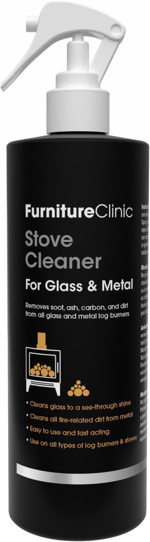 Furniture Clinic Stove Glass & Metal Cleaner - For Log Burner and Fireplace Glass Doors - Removes Soot, Dirt & Ash - Instant Results - 500ml / 17oz