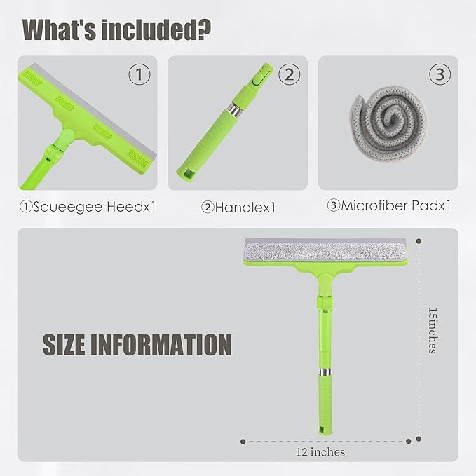 All-Purpose Shower Squeegee for Glass Doors, Bathroom Cleaner Tool for Household Home Window Mirror, Cleaning Tile Wall,Car,Windshield Squeegee with 12" Blade and 15" Long Handle