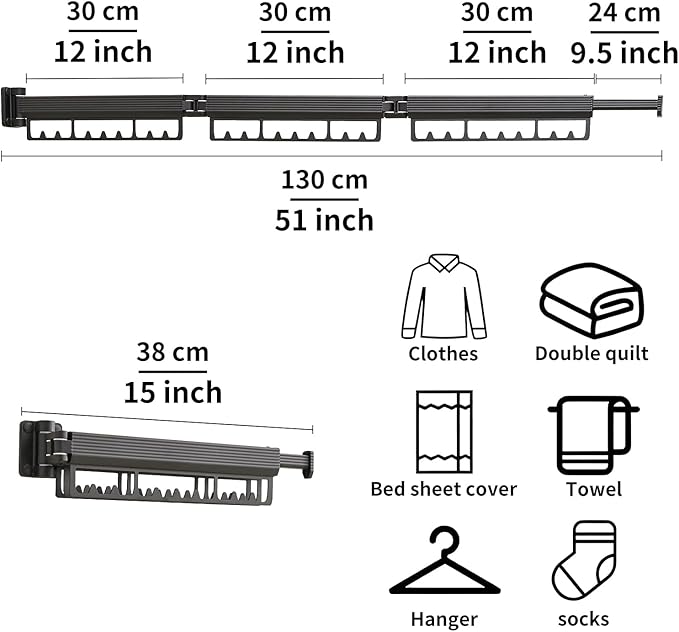 Drying Rack Clothing, Clothes Drying Rack Suitable for Laundry Room and Indoor as Outdoor, with Foldable Features, Wall Mounted Drying Rack, Retractable Clothesline with 30 Windproof Hooks (Black)
