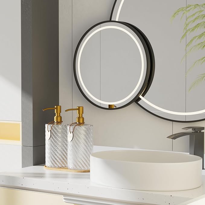 Hand and Dish Soap Dispenser Set for Kitchen Sink,18Oz Glass Soap Dispenser Bathroom with Wood Tray & Gold Stainless Steel Pump,Spiral Stripe Design