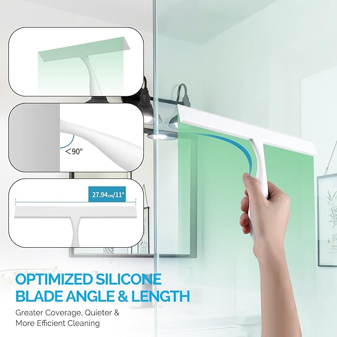 FY&XZH Never Rust Silicone Shower Squeegee for Glass Doors with Hook, Bathroom Cleaner Tool, Household Window and Mirror Squeegee, Ergonomic Thick Handle Squeegee for Shower Glass, 11-Inch (White)