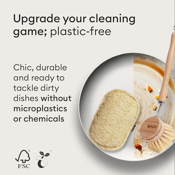 Vove Cleaning Duo, Bamboo Dish Brush Set and Natural Dish Sponges, FSC-Certified Bamboo, Sisal, Loofah, Cellulose, Plastic-Free, Eco-Friendly Zero-Waste Kitchen Dish Scrubber Set