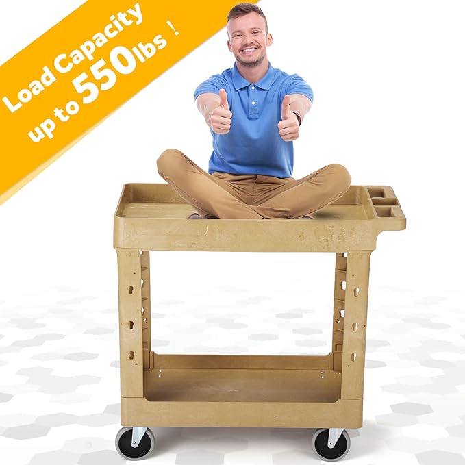 ELAFROS Heavy Duty Plastic Utility Cart 34 x 17 Inch - Work Cart Tub Storage W/Deep Shelves and Full Swivel Wheels Safely Holds up to 550 lbs - 2 Tier Service Cart for Warehouse,Garage, Cleaning,Sand