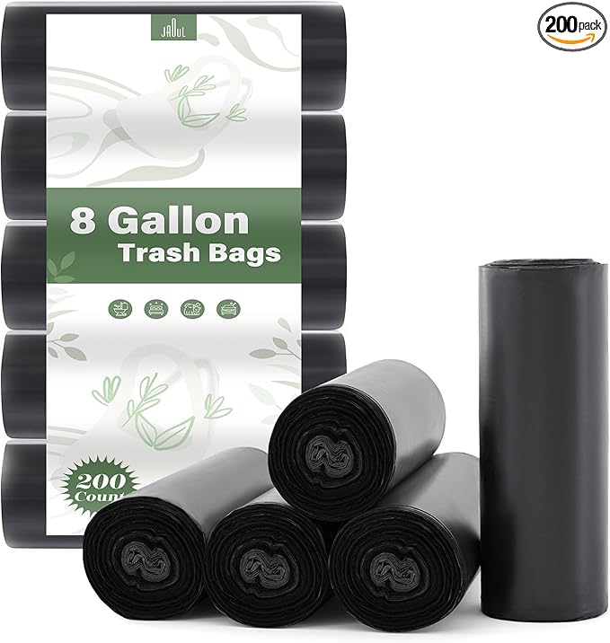 Jaoul Trash Bags 8 Gallon, Strong Tear & Leak Resistant Medium Garbage Bags, 0.97 Mil Extra Strong Trash Bags for 30 Liter Trash Can, Suitable for Kitchen, Bathroom, Restroom, Car, Black, 200 Counts