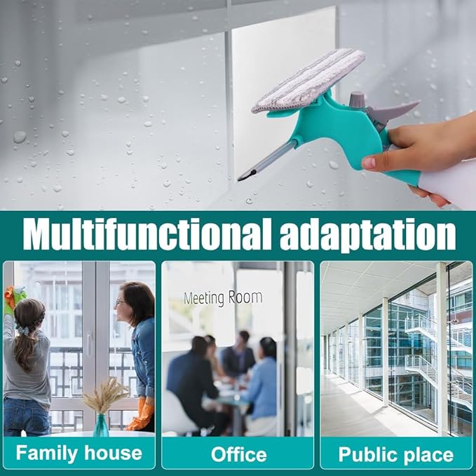 4 in 1 Window Cleaner, Spray Window Squeegee with Spray Bottle & Squeegee & Fabric Washer Head & Brush for Home Car Glass Cleaning