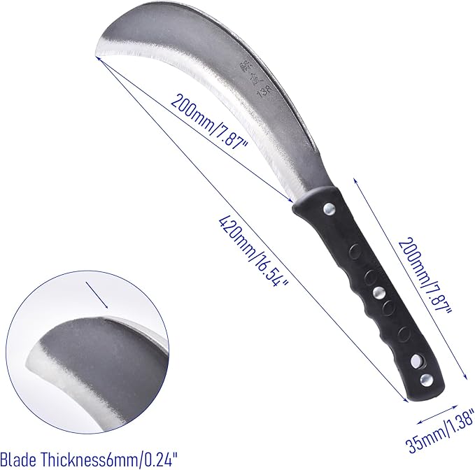 1pce 420mm/16.54in Manganese Steel Billhook Brush Clearing Sickle for Grass,Weeding Tools for Garden,Curved Sawtooth Sickle,Machete Axe for Cutting Trees,Steel Blade Knife in Hand
