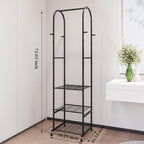 Clothes Rack With Wheels and 3-Tier Metal Shelves,Clothing Rack For Hanging Clothes With 4 Hooks,Garment Rack Wardrobe Organizer for Small Space,Black (black, 16.54 * 18.23 * 72.05)