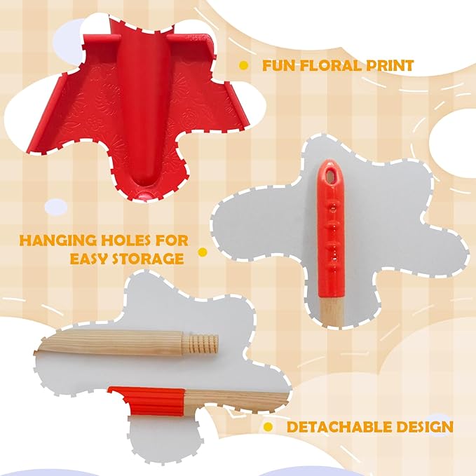 Kids Leaf Rake - 3-Section Adjustable Handle, Lightweight, Wood & Plastic, Small Garden Tool for Children (Red)