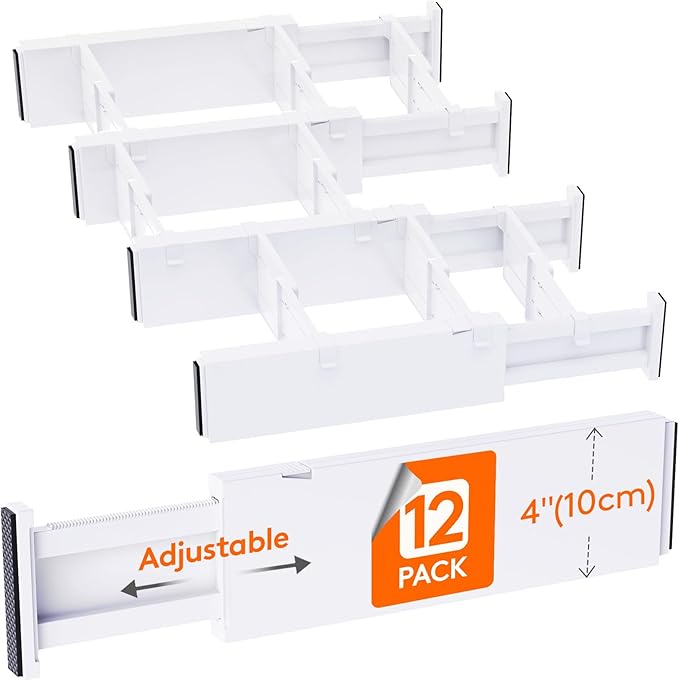 Lifewit 12 Pack Drawer Dividers 4" High, 13.5"-22" Adjustable Drawer Organizer with 18 Inserts for Clothes/Makeup, Plastic Expandable Separators in Dresser/Bedroom/Bathroom/Kitchen/Office