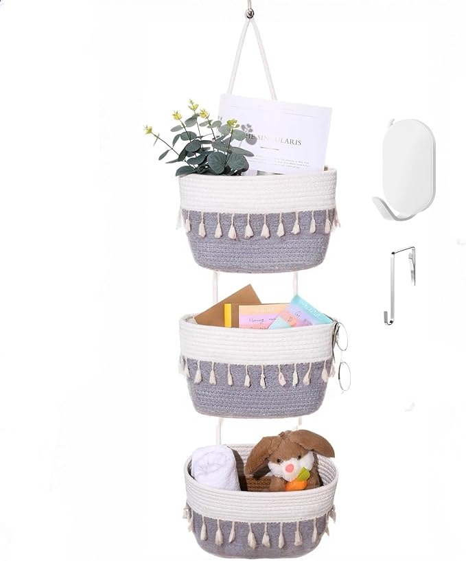 Hanging Baskets for Organizing,3-Tier Woven Cotton Wall-Mounted Storage Organizer Bag Decorative,Kitchen,Living Room,Bedroom,Nursery