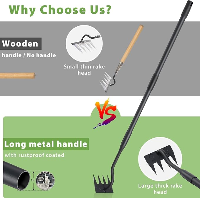 Manual Weeder Tool,4 Tines Garden Weeding Rake with Sharp Blade,55 Inch Long Handle,Heavy Duty Stand Weeding Tool for Weeding Loosening Soil Gathering Leaf Leveling Thatch Rake