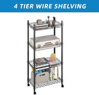 4 Tier Wire Shelving Wire Basket Shelf Storage Cart Adjustable Metal Shelf 2 Bottoms for Choose(Castor or Leveling Feet) for Office,Kitchen,Bedroom,Black(23.23" L x 13.11" W x 49.21" H)