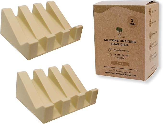 Silicone Soap Dish – 2 Pack, Waterfall Drainer Soap Holder for Bathroom, Suction Cups for Non-Slip Saver for Bar Soap, Sponge Holder & Sink Organizer, Extend Life, Durable & Easy to Clean (Sand)
