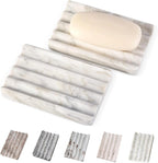 2PCS Koville Italian Natural Marble Soap Dish for Shower, Multi-Color Stone Soap Tray for Bathroom, Bar Soap Holder for Sink, Stripe Grooves Soap Saver Sponge Holder (White/Brown Random)